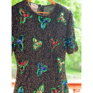 Sténay Vintage 80s Silk Beaded Sequin Blouse Black Floral Evening Party Top M